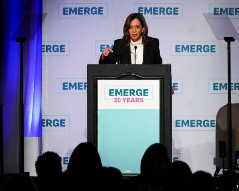 Harris returns to national stage praising Trump opponents' courage