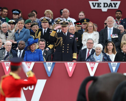 British royal family watches military parade marking start of VE Day events in London