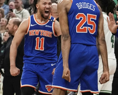 Knicks come from 20 down, beat Celtics 108-105 in OT as Bridges' steal preserves Game 1 win