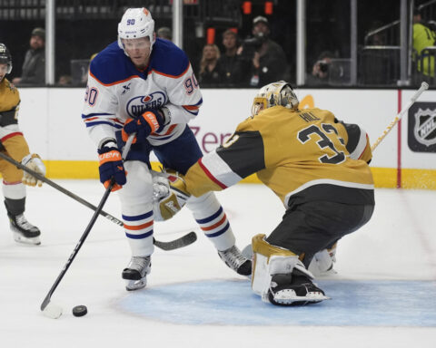 Oilers rally for NHL-record fifth straight time to beat Golden Knights 4-2 in Game 1