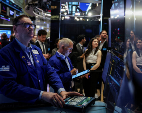 Stocks, dollar drop, yields gain; soft demand in 20-yr Treasury auction