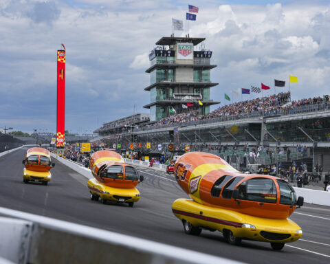 Hot diggity dog! Wienermobiles put on riveting race in Wienie 500 at Indianapolis Motor Speedway