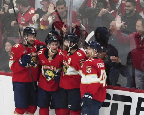 Panthers score 5 in the 3rd period, roll past Hurricanes 6-2 and move a win away from Cup final