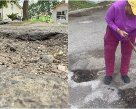 Woman in her 60s is fed up, picking up a shovel and filling potholes herself