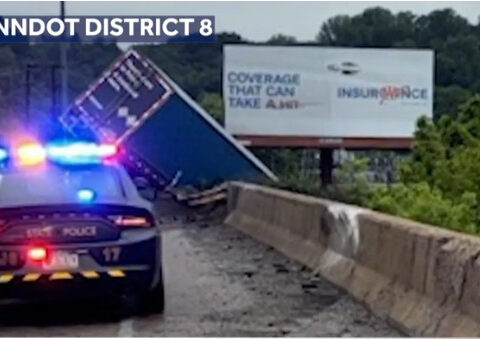 Tractor-trailer hangs off I-83 bridge in York County