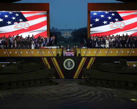 Trump praises military force at US Army’s 250th anniversary parade