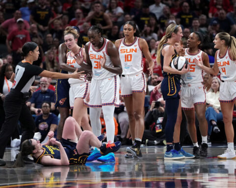 Caitlin Clark poked in eye and bumped to ground as Fever reach Commissioner’s Cup final after chippy win over Sun