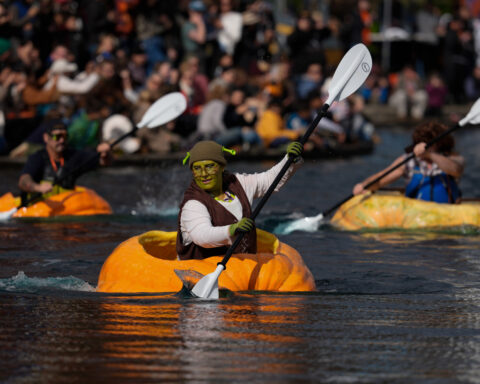 Giant, floating pumpkin races draw large crowds to annual event in Oregon