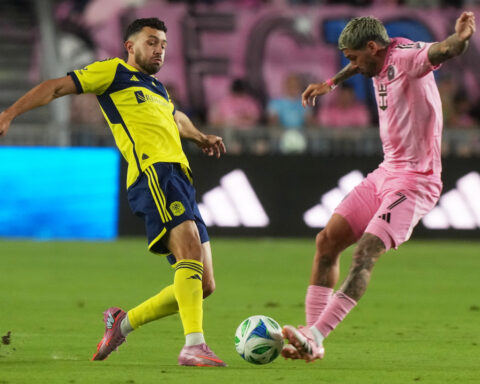 Messi gets trophy, then has two goals to lift Inter Miami past Nashville 3-1 in playoff opener