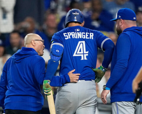 Blue Jays' George Springer leaves Game 3 of World Series after injuring himself on a swing