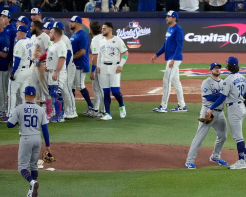 Benches clear at Game 7 of World Series after LA's Wrobleski hits Toronto's Giménez with fastball