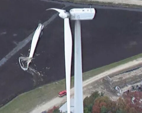 Wind turbine blade breaks off, lands in cranberry bog