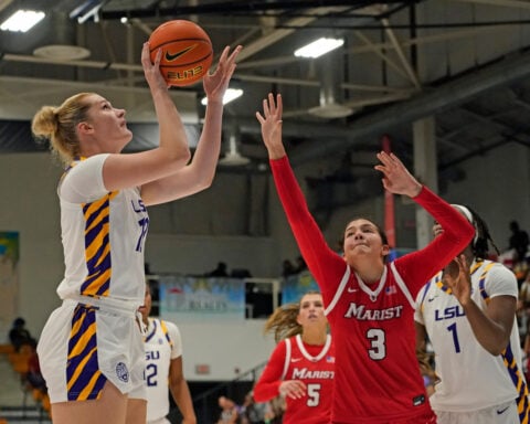 LSU's Mulkey leads No. 5 Tigers to NCAA-record 7th straight 100-point game at Paradise Jam tourney