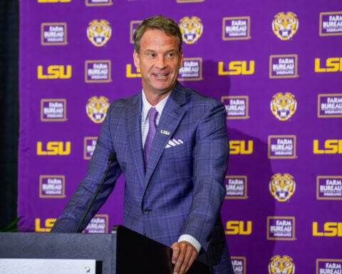 LSU coach Lane Kiffin announces that defensive coordinator Blake Baker will remain with the Tigers