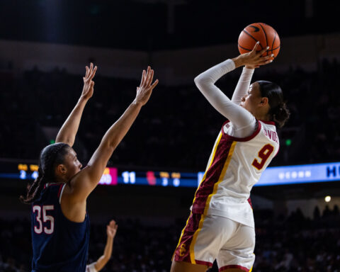 Azzi Fudd leads No. 1 UConn's 79-51 rout of 16th-ranked USC with JuJu Watkins looking on