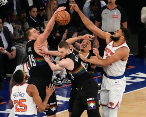 Knicks outlast Nuggets 134-127 in 2 OTs for their eighth straight victory as Brunson scores 42