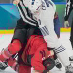 Tom Wilson fights in Canada's game vs. France at the Olympics