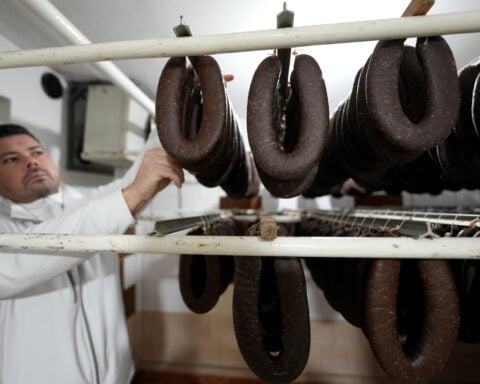 A traditional sausage in the shape of a horseshoe is 'ironed' for dryness in southeastern Serbia