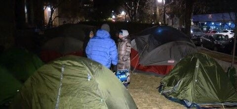 Volunteers sleep in tents to raise awareness about homelessness