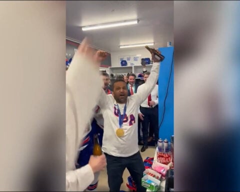 FBI Director Kash Patel celebrates with US men’s hockey team after Olympic win