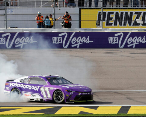Denny Hamlin storms back to win at Las Vegas after early penalty