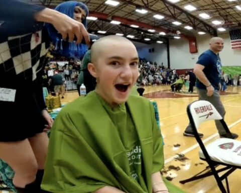 High schoolers shave heads for pediatric cancer research