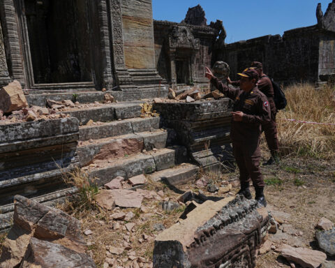 A 1,000-year-old cliff-top temple lies battered after Cambodia-Thailand border clashes