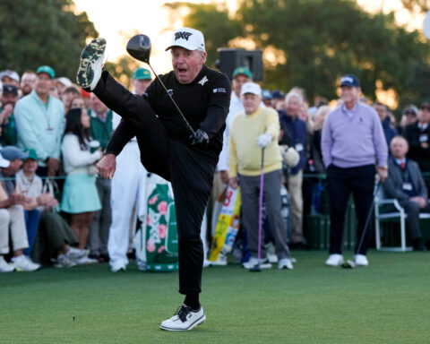 A wild hook and a big leg kick as Jack Nicklaus, Gary Player and Tom Watson open the Masters