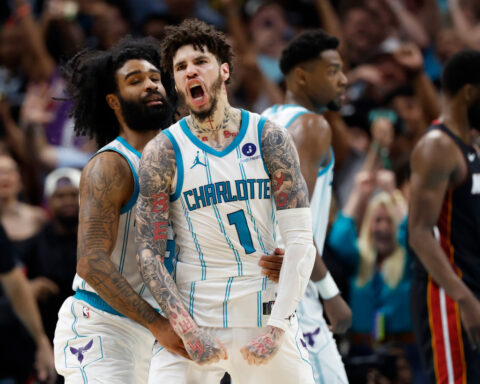 LaMelo Ball's layup, Miles Bridges' block at buzzer give Hornets 127-126 win over Heat in play-in