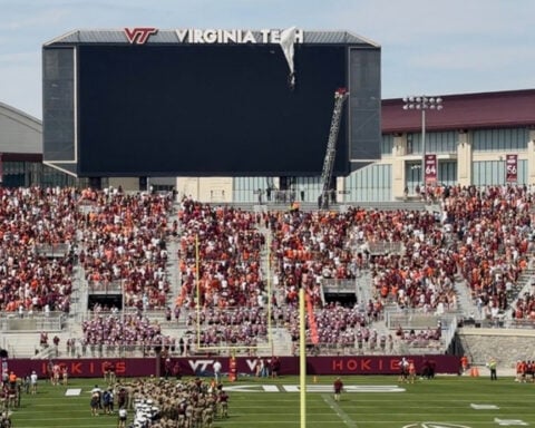 Skydiver gets rescued after crashing into scoreboard before Virginia Tech spring game