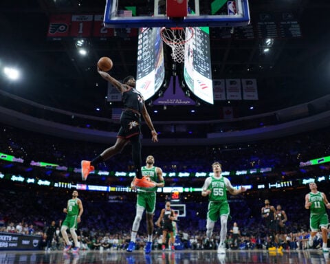 Celtics beat the 76ers 108-100 in Game 3 behind 25 points each from Tatum and Brown