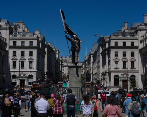 Banksy confirms a new statue in central London of a man blinded by a flag is his work