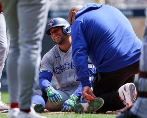 George Springer leaves Blue Jays game after being hit by pitch on left foot, but X-rays are negative