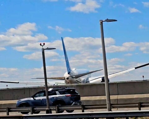 A United jet narrowly avoided catastrophe when it struck a truck near Newark airport during landing