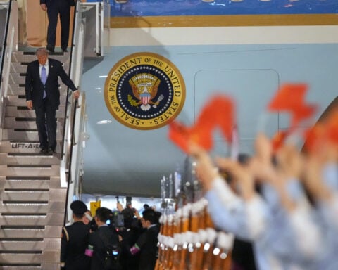 The Latest: Trump in China for Xi meeting to focus on Iran war, trade and US arms sales to Taiwan