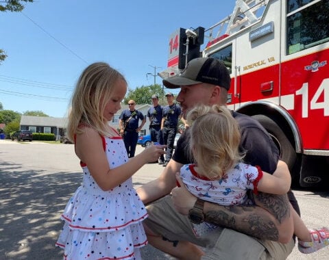 Norfolk sailor surprises daughters with fire truck homecoming