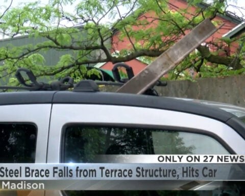 Driver survives terrifying close call with falling steel beam under ramp