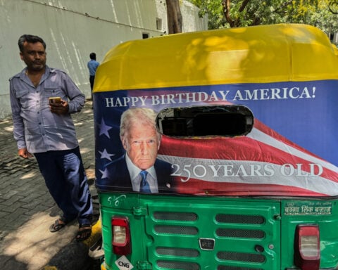 Trump’s portrait hits New Delhi traffic as US Embassy rolls out 'Happy Birthday America!' rickshaws