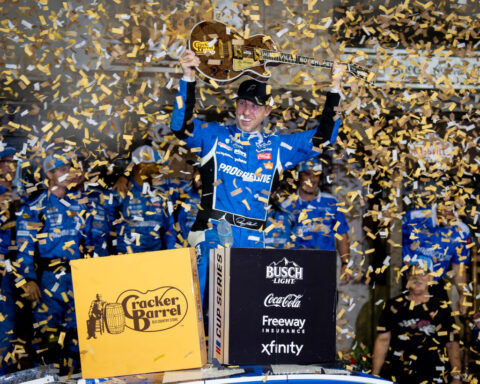 Denny Hamlin storms back from a pole-start penalty to win at Nashville Superspeedway