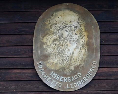 Italian commuters find a moment of peace on a cable-guided ferry sketched by Leonardo da Vinci