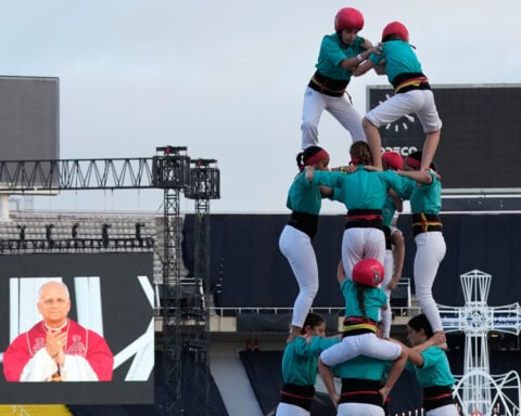 Catalonia's famed human tower climbers greet Pope Leo in Barcelona