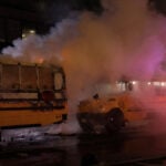 World Cup bus set alight as chaotic celebrations erupt in Manhattan after Knicks win