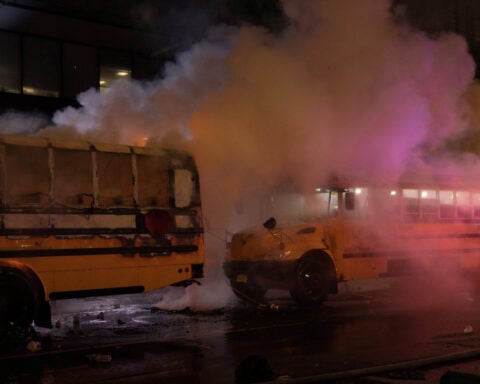 World Cup bus set alight as chaotic celebrations erupt in Manhattan after Knicks win