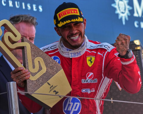 Hamilton celebrates 1st victory with Ferrari after winning Barcelona GP as Antonelli breaks down
