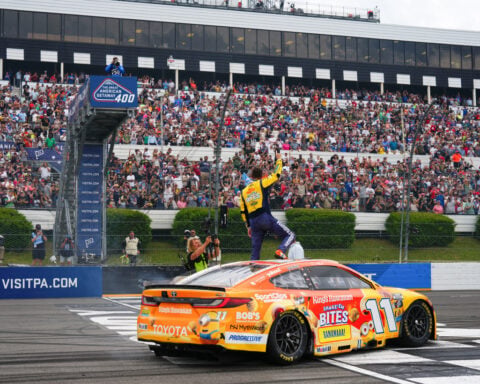 Denny Hamlin wins the NASCAR Cup race at Pocono for his third straight victory