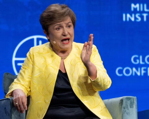 IMF chief says no global economic slowdown in sight, but risks are high