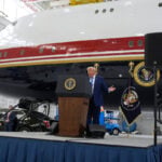 President Donald Trump unveils the new Air Force One, a converted Qatari jet