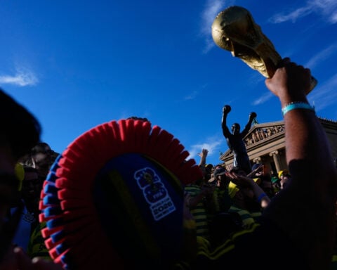 Brazilian soccer fans at the World Cup heed warning not to dress Rocky statue in team gear