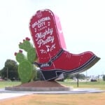 Oklahoma City lights up giant cowboy boot sculpture as part of Route 66 centennial