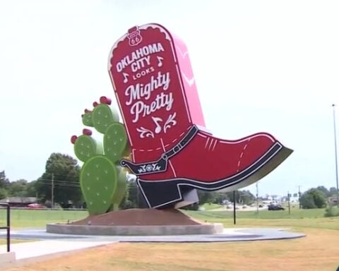Oklahoma City lights up giant cowboy boot sculpture as part of Route 66 centennial